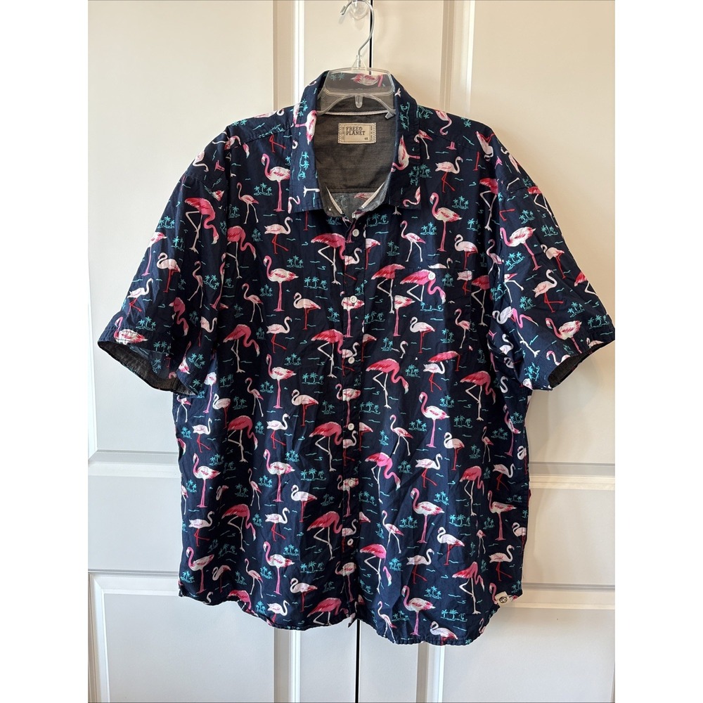Free Planet Flamingo Blue Button Up Short Sleeve Shirt Mens 4X FNXQ15S32NS3